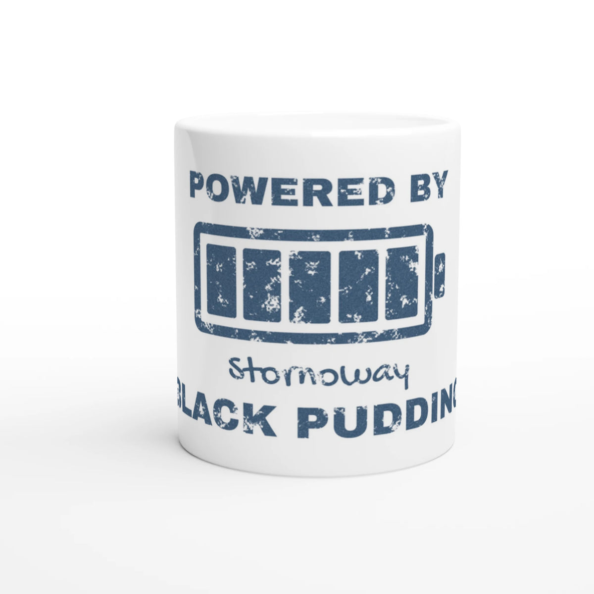 Powered by Stornoway Black Pudding white 11oz ceramic mug, Hebridean slogan design