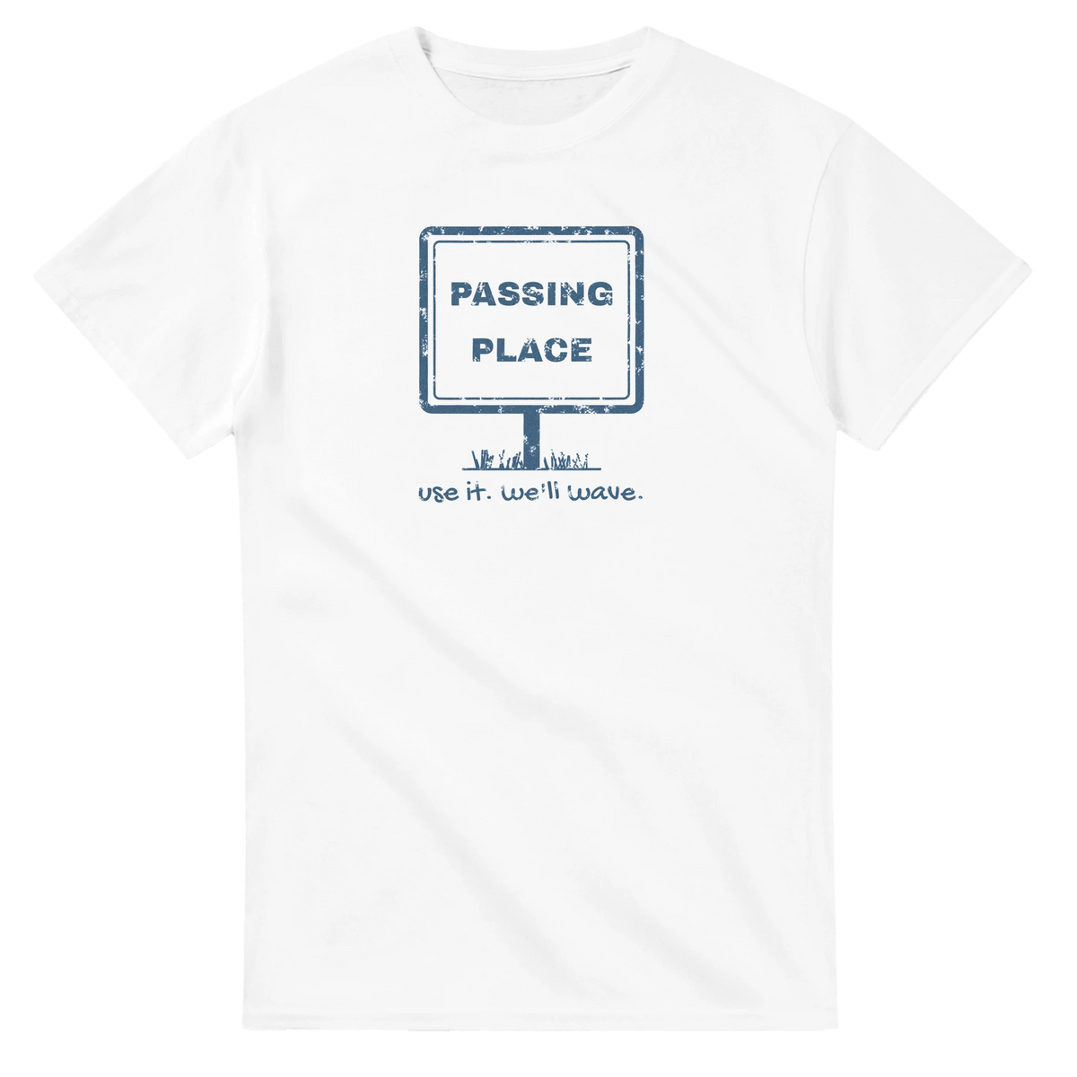 Passing Place Use It, We'll Wave unisex crewneck t-shirt, Hebridean slogan design