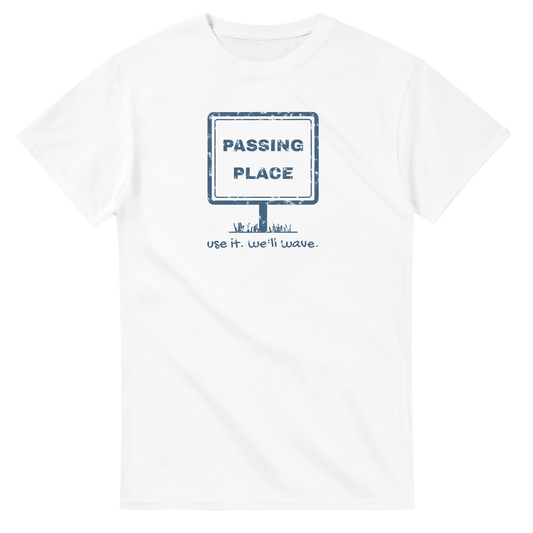 Passing Place Use It, We'll Wave unisex crewneck t-shirt, Hebridean slogan design