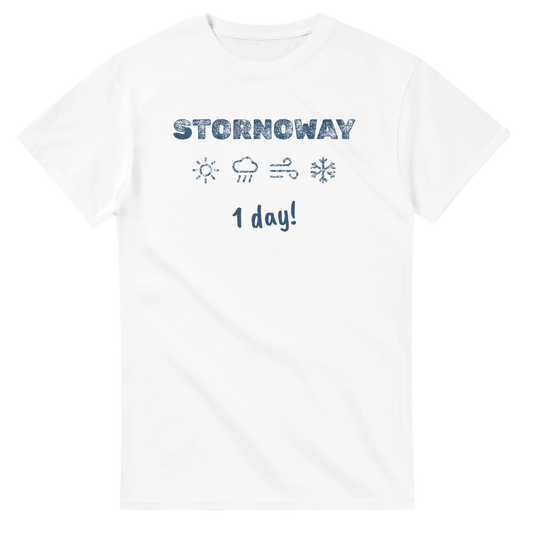 Stornoway Four Seasons in One Day unisex crewneck t-shirt, Hebridean slogan design