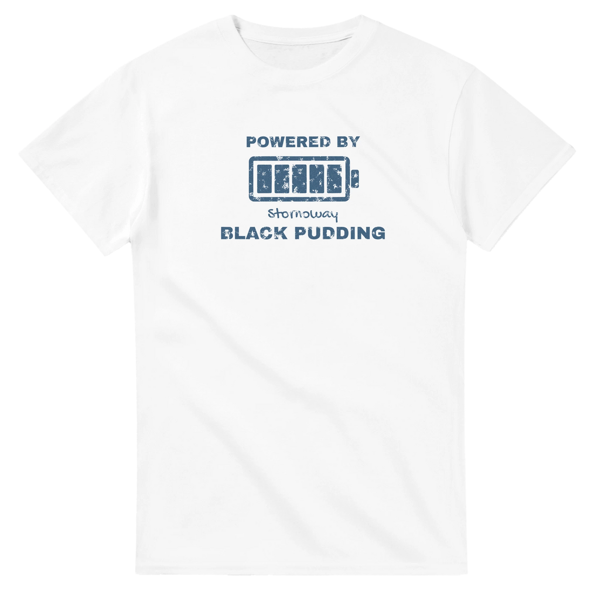 Powered by Stornoway Black Pudding unisex crewneck t-shirt, Hebridean slogan design