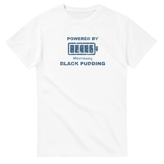 Powered by Stornoway Black Pudding unisex crewneck t-shirt, Hebridean slogan design