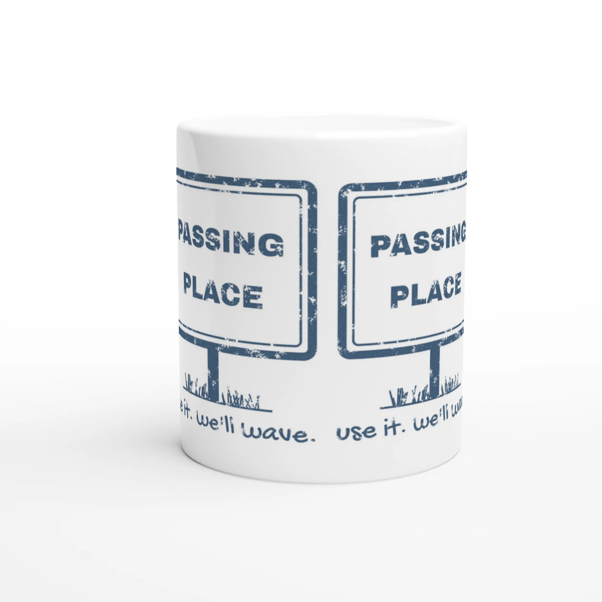 Passing Place Use It, We'll Wave white 11oz ceramic mug, Hebridean slogan design