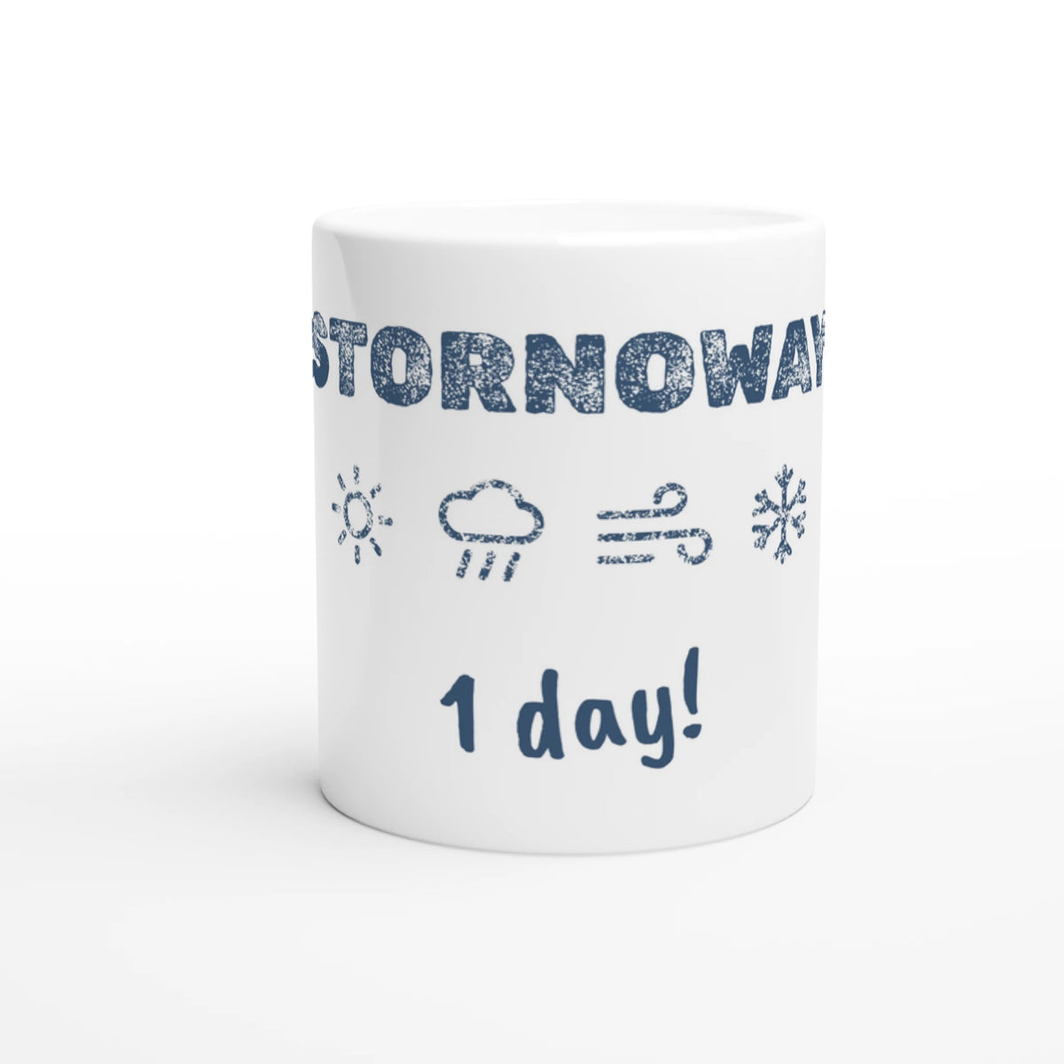Stornoway Four Seasons in One Day white 11oz ceramic mug, Hebridean slogan design